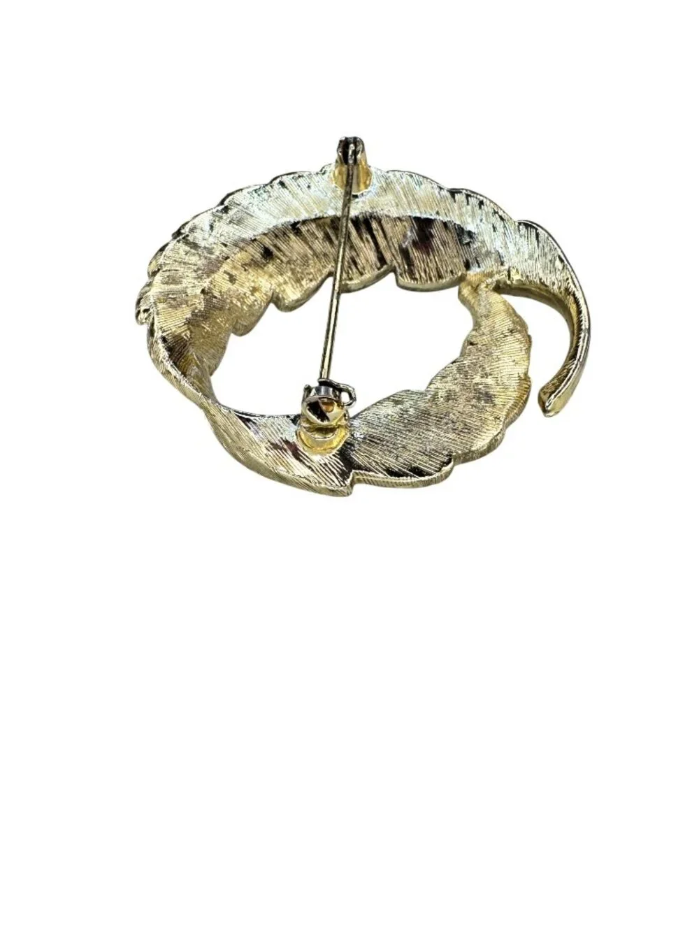 Feather Wreath Brooch Gold Tone Brown Crystal Circle Pin 1960s Vintage